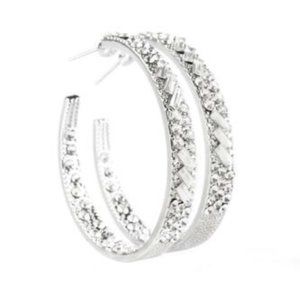 PAPARAZZI "A GLITZY CONSCIENCE" WHITE RHINESTONE SILVER HOOP EARRINGS